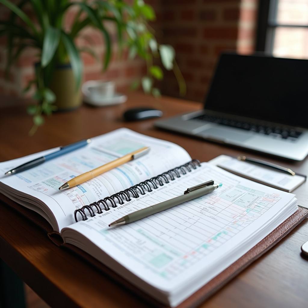 Clean organized desk with budgeting tools and a notebook showing financial planning in progress