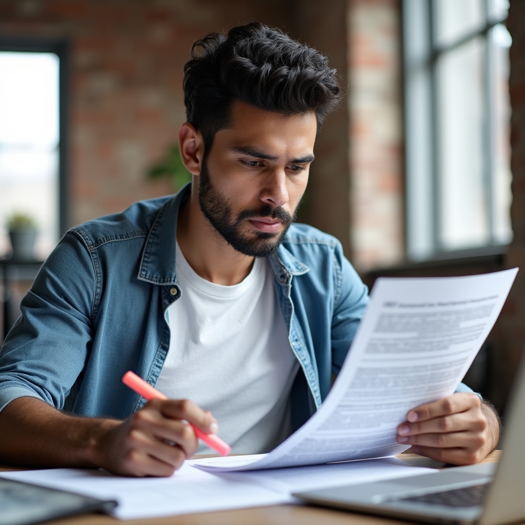 Young professional studying loan documents with focused expression at a modern desk