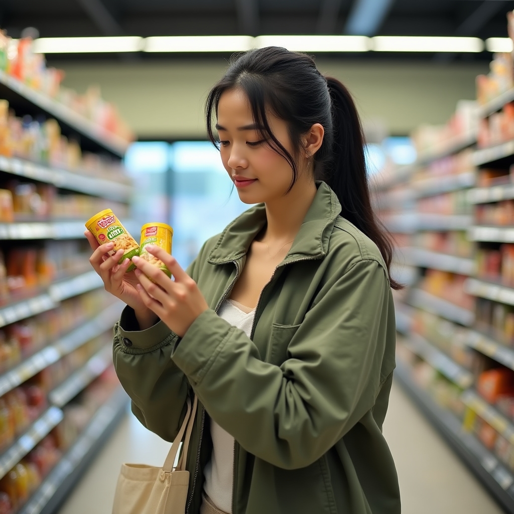 Young adult thoughtfully comparing prices while grocery shopping with purposeful focus