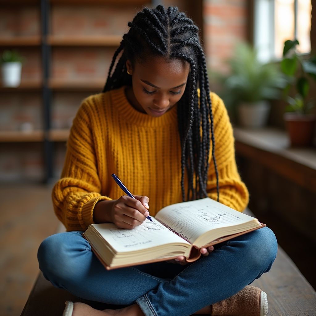 Person writing saving goals in a financial journal in a warm loft setting