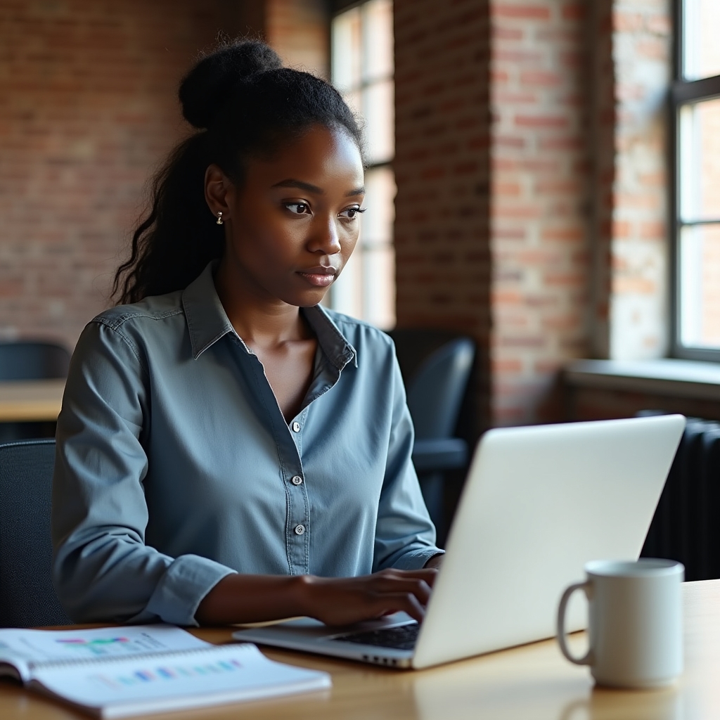Young adult reviewing personal budget on laptop at a well-lit desk
